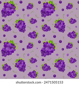 Seamless pattern in vector: blue grapes on a lilac background. For winery, vineyards, printing on bed linen, tablecloths, wrapping paper, juice packaging
