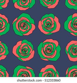 Seamless pattern with vector blue, green and pink rose flowers.