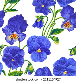Seamless pattern with vector blue Pansies. Design textiles, clothing prints, gift packages, postcards, posters for advertising in social networks and outdoor advertising. 