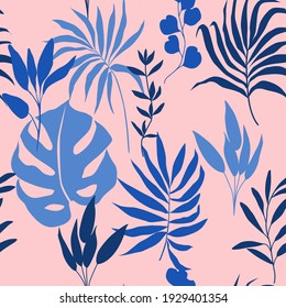 Seamless pattern with vector blue tropical leaves and palms, monstera on a pink background. Texture with exotic plants for textiles, fabrics, wallpapers, packaging paper.