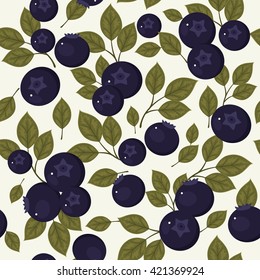 Seamless pattern. Vector blueberries and green leaves on light gray background
