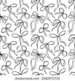 Seamless pattern with vector bows. Minimalist black outline linear trendy sketch style. illustration for fashion, textile, packaging, digital prints, invitation, scrapbooking, logo