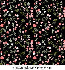 Seamless pattern Vector with branches of Tulips on black background Illustration.