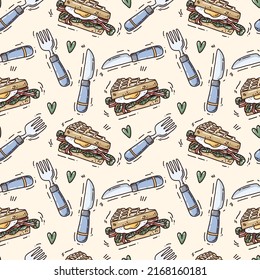 Seamless pattern with vector breakfast elements. Funny background for prints, cards, textile