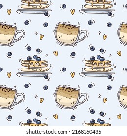 Seamless pattern with vector breakfast elements. cartoon coffe and pancakesFunny background for prints, cards, textile