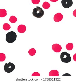 Seamless pattern vector bright spots strokes strokes on white isolated background. Geometric elements pink red black