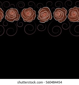 Seamless pattern with vector brown and purple rose flowers and copy space (place for your text). Horizontal sketch with watercolor effect.