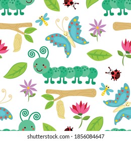 Seamless pattern vector of bugs cartoon, caterpillar, butterfly with flowers.