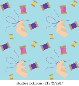 Seamless Pattern. Vector Pattern With Buttons And Threads. Female Hand Holding A Sewing Needle. Illustration For Fabric, Gift Paper, Postcard, Sticker