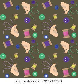 Seamless Pattern. Vector Pattern With Buttons And Threads. Female Hand Holding A Sewing Needle. Illustration For Fabric, Gift Paper, Postcard, Sticker
