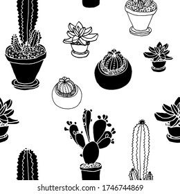 Seamless pattern vector cactus and succulents for fashion fabric, textile, packaging and background. Hand drawn illustration. Vector graphics.