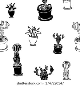 Seamless pattern vector cactus and succulents for fashion fabric, textile, packaging and background. Hand drawn illustration. Vector graphics.