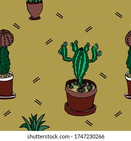 Seamless pattern vector cactus and succulents for fashion fabric, textile, packaging and background. Hand drawn illustration. Vector graphics.