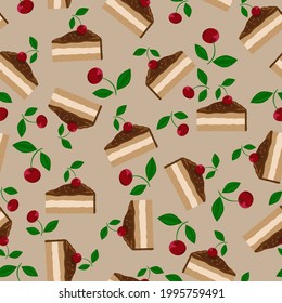 Seamless pattern, vector. Cake with berry, red cherries.