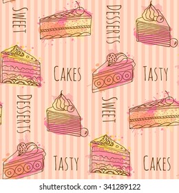 Seamless pattern with vector cake illustration. Set of 4 hand drawn cakes with colorful watercolor splashes. 