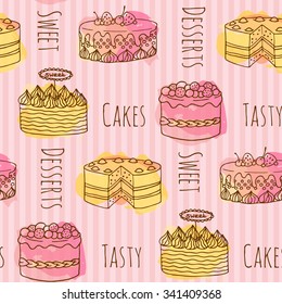 Seamless Pattern With Vector Cake Illustration. Set Of 4 Hand Drawn Cakes With Colorful Watercolor Splashes. 