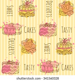 Seamless Pattern With Vector Cake Illustration. Set Of 4 Hand Drawn Cakes With Colorful Watercolor Splashes. 