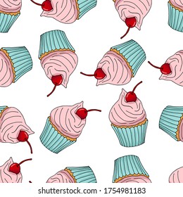 
Seamless pattern with vector cake isolated on a white background. Hand painted sweet summer dessert background perfect for textiles and scrapbooking.