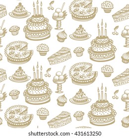 Seamless pattern of vector cakes and ice-cream on white background. Hand drawn black and gray background.