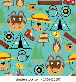 seamless pattern vector of camping elements cartoon with funny bear