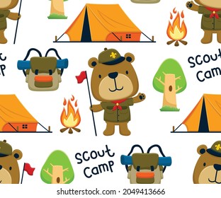 Seamless pattern vector of camping elements with cute bear in scout uniform