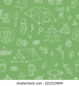 Seamless pattern with vector camping elements in doodle style for your design
