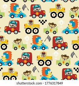 Seamless pattern vector of car racing cartoon with funny animals driver, car racing elements illustration