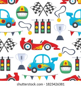 Seamless pattern vector of car racing elements cartoon