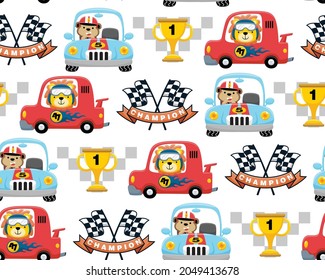 Seamless pattern vector of car racing cartoon elements, monkey and lion driving racing car