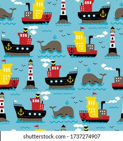 Seamless pattern vector of cargo ships with whale and lighthouse, cruise elements cartoon 