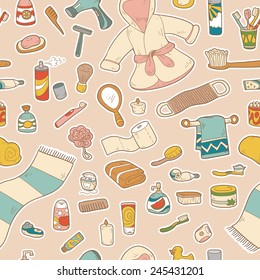 Seamless pattern of vector cartoon bathroom elements and personal hygiene items