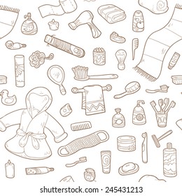 Seamless pattern of vector cartoon bathroom elements and personal hygiene items