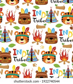 Seamless pattern vector of cartoon bear and tiger with feather headdress. Indian tribal elements
