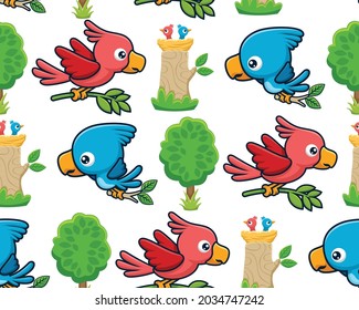 Seamless pattern vector of cartoon birds with it cubs in nest on tree stump, forest elements
