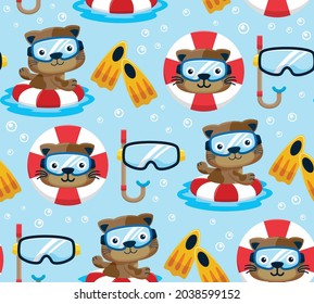 Seamless pattern vector of cartoon cat wearing diving goggles on lifebuoy, scuba diving elements