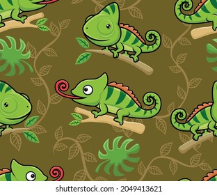 Seamless pattern vector of cartoon chameleon on tree branches with leaf on vines background