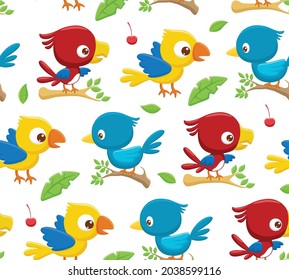 Seamless pattern vector of cartoon colorful birds on tree branches, leaves and fruits