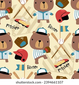 Seamless pattern vector of cartoon cute bear in baseball uniform with baseball elements