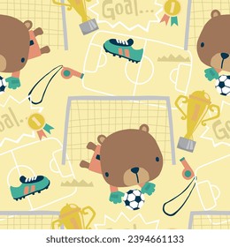 Seamless pattern vector of cartoon cute bear goalkeeper with soccer elements