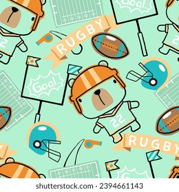 Seamless pattern vector of cartoon cute bear with rugby elements illustration