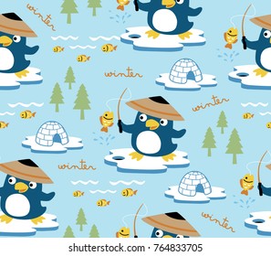 seamless pattern vector of cartoon cute penguin fishing in north pole sea