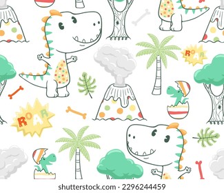 seamless pattern vector of cartoon dinosaur with prehistoric elements