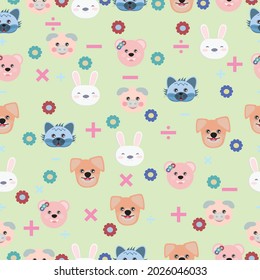 Seamless pattern vector. cartoon of dogs cats pigs rabbit flowers and math symbol (Add, subtract, multiply, divide) on pastel background