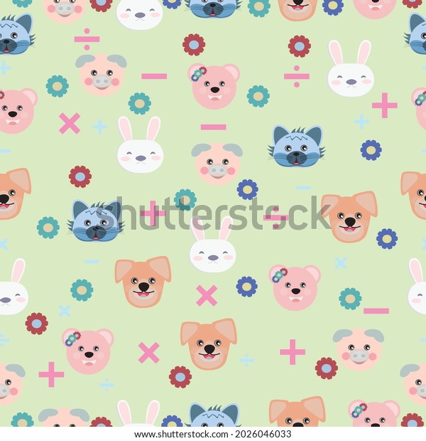 Seamless pattern vector. cartoon of dogs cats\
pigs rabbit flowers and math symbol (Add, subtract, multiply,\
divide) on pastel\
background