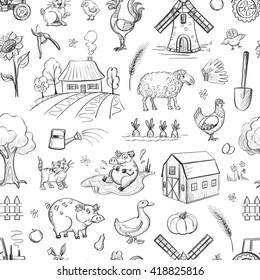 Seamless pattern of vector cartoon drawings on farming. Cute sketches on a white background