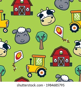 seamless pattern vector of cartoon farm animals face with farming elements