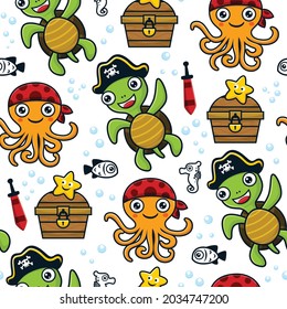 Seamless pattern vector of cartoon funny marine animals in pirate costume with pirates element illustration
