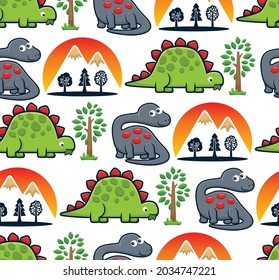 Seamless pattern vector of cartoon funny dinosaurs with trees and volcanoes