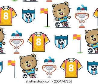 Seamless pattern vector of cartoon funny bear playing soccer, soccer elements illustration