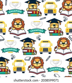 Seamless pattern vector of cartoon funny lion studying, education elements illustration